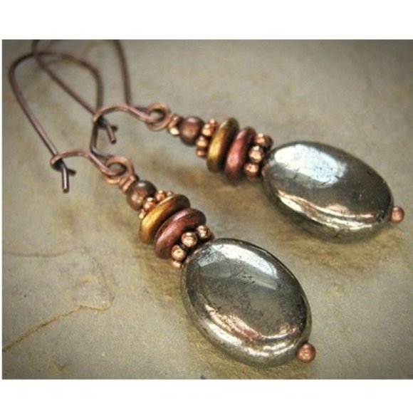 Boho Pyrite Earrings Real Gemstone Copper - Picture 7 of 12
